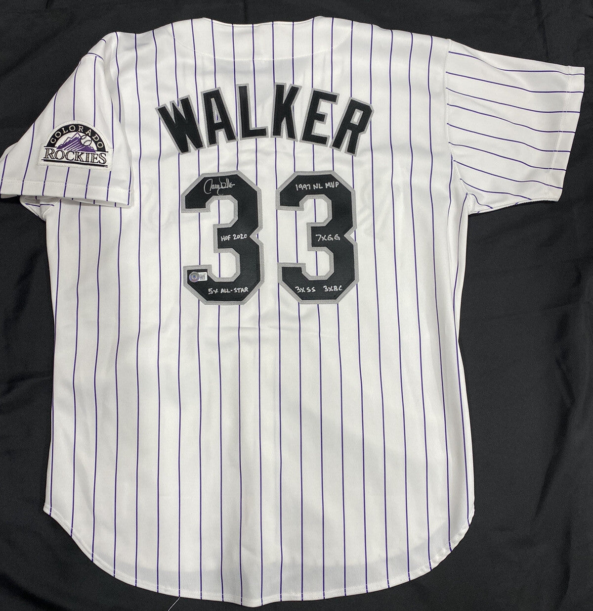 Larry Walker HOF 2020 97 MVP Stat Signed Authentic Rockies Jersey Beckett BAS