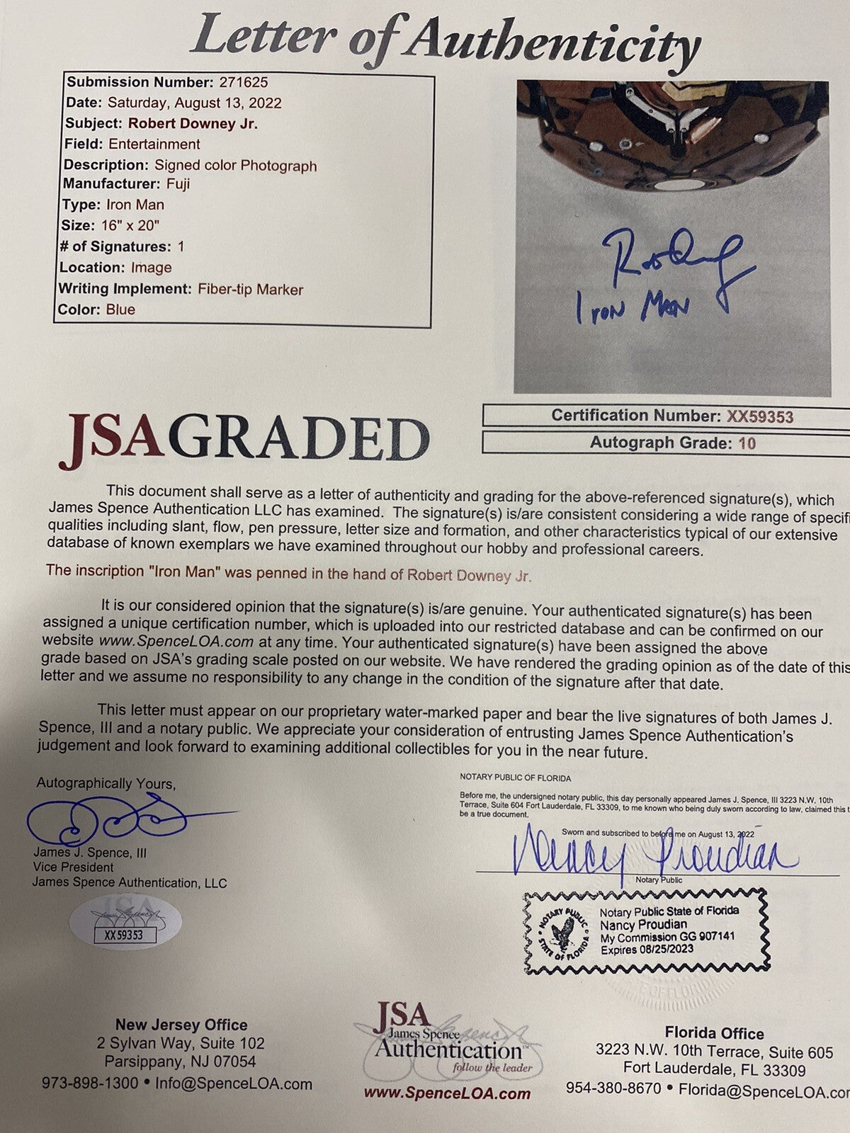 Robert Downey Jr. Signed Iron Man 16x20 Framed Photo SWAU JSA LOA Graded 10