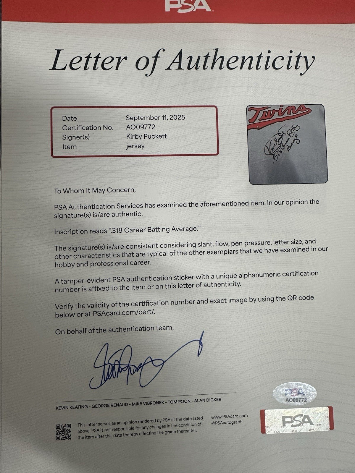 Kirby Puckett .318 Career Batting Average Signed Twins Majestic Jersey PSA/DNA