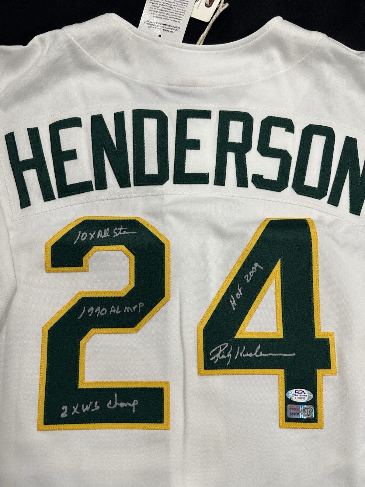 Rickey Henderson HOF MVP Signed Athletics Stat Mitchell Ness Jersey Tristar PSA
