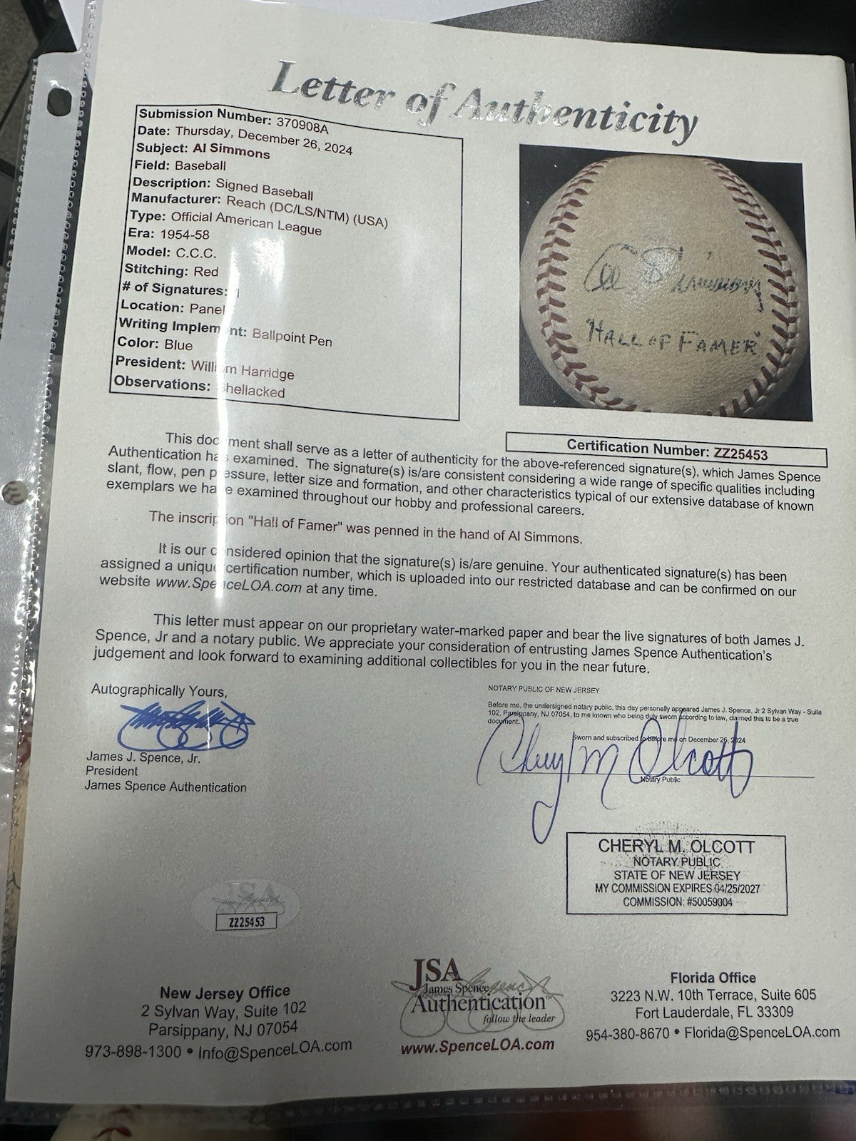 Al Simmons Hall Of Famer Single-Signed Baseball JSA LOA HOF