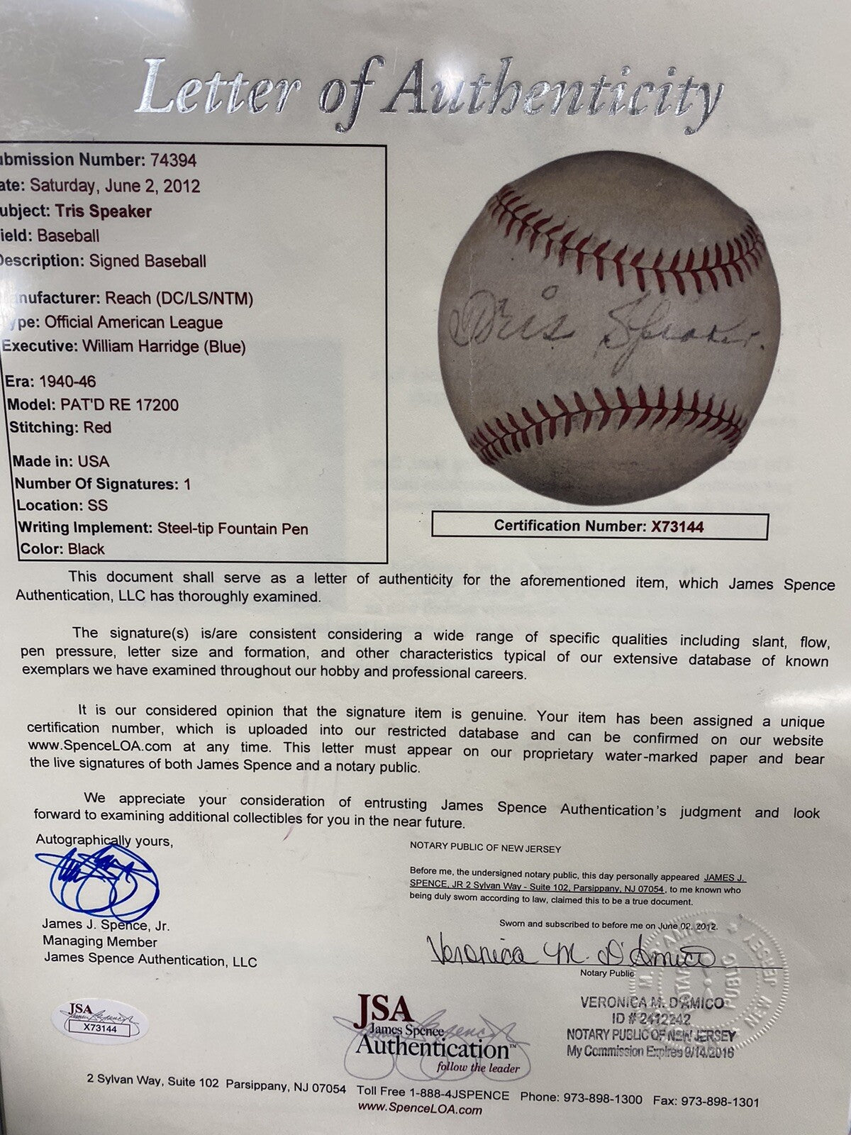 Tris Speaker Single Signed Official Harridge Reach Baseball JSA PSA/DNA Graded 6