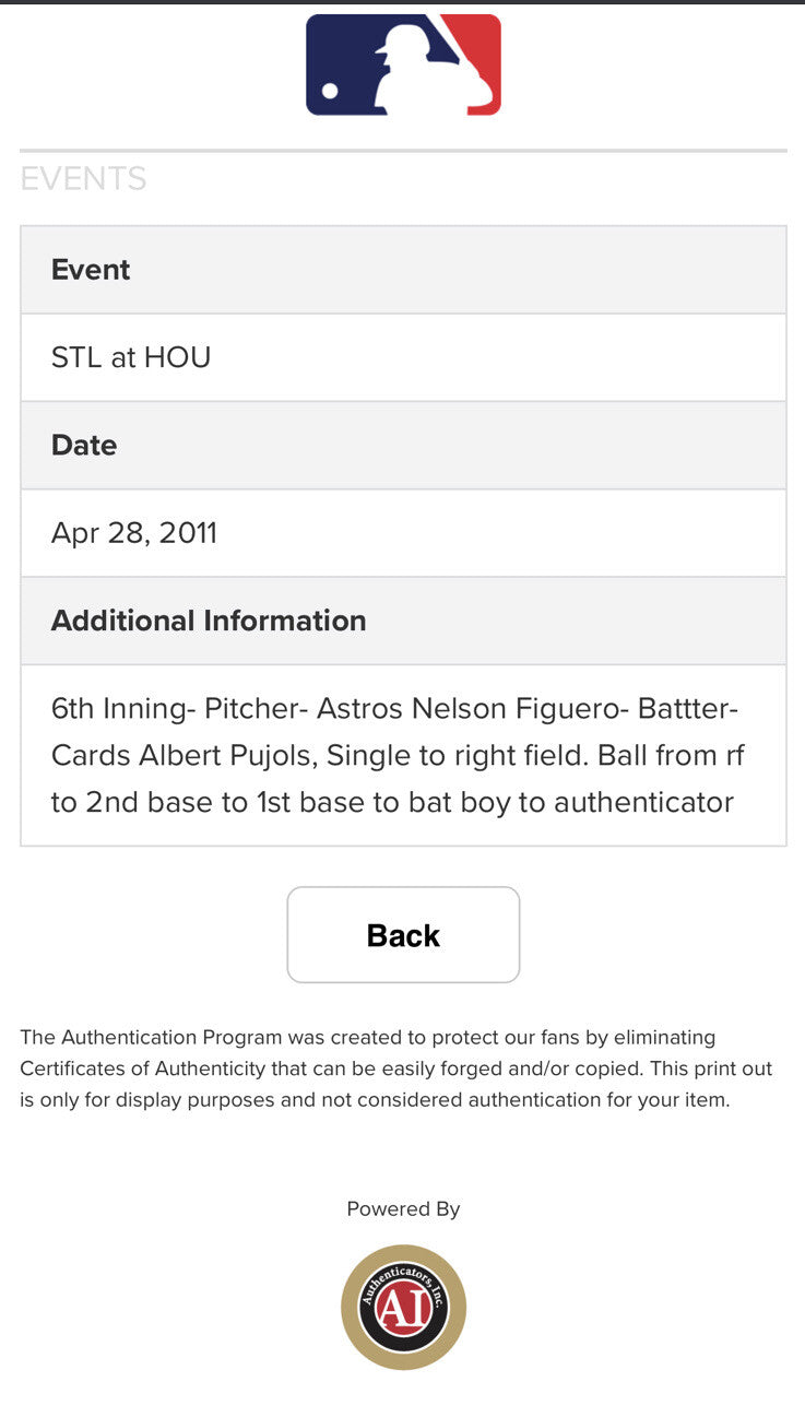 Albert Pujols Game Used Career Hit 2011 Baseball Cardinals MLB Holo Hologram