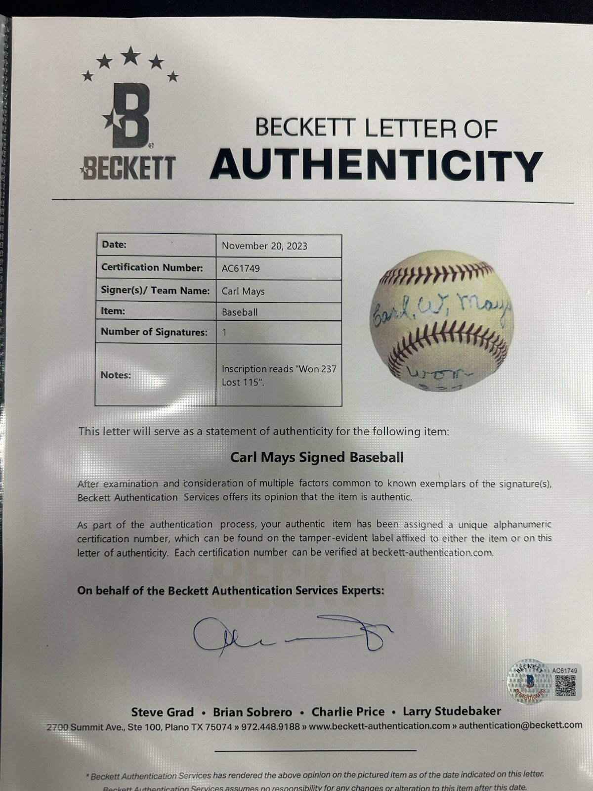 Carl Mays Won 237 Lost 115 Signed Baseball Beckett LOA