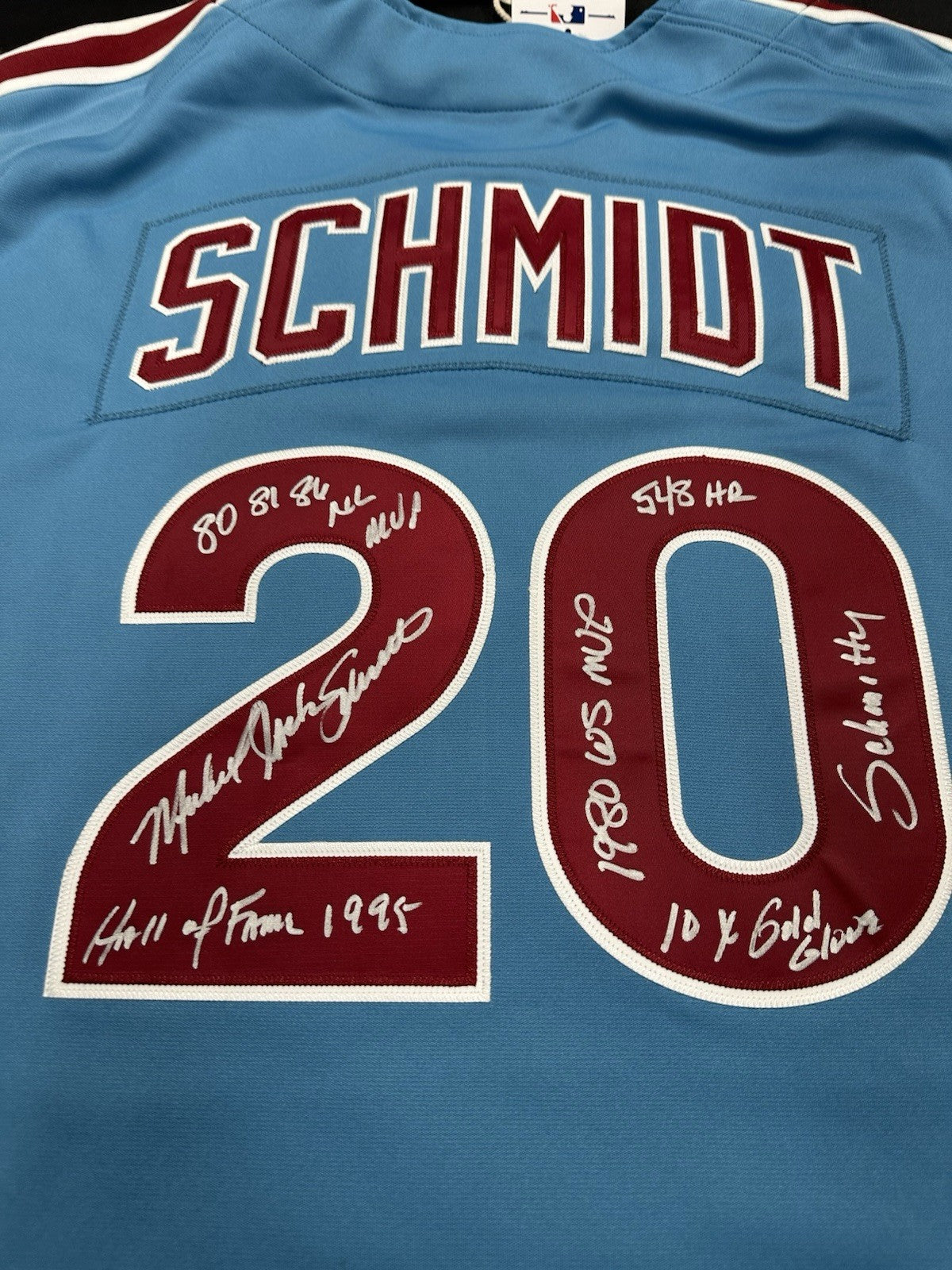 Mike Schmidt Full Name Signed Phillies Mitchell Ness Stat Jersey JSA Witness