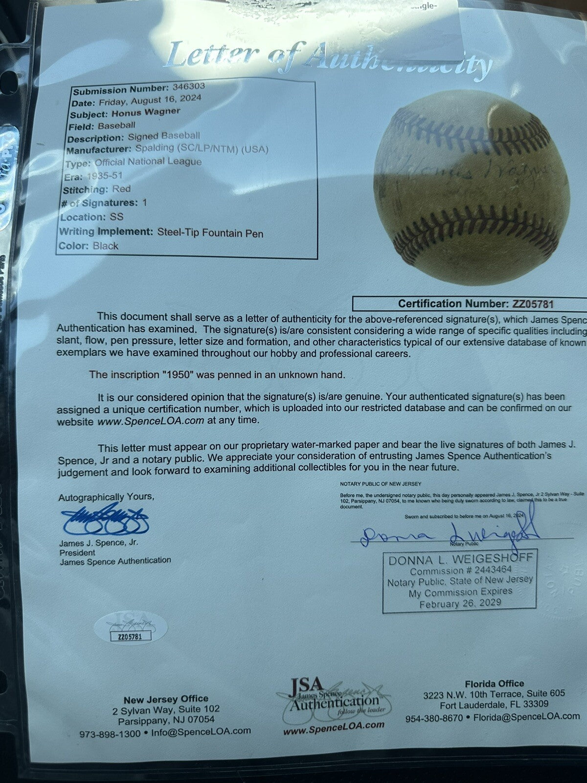 Honus Wagner Single Signed Baseball JSA LOA