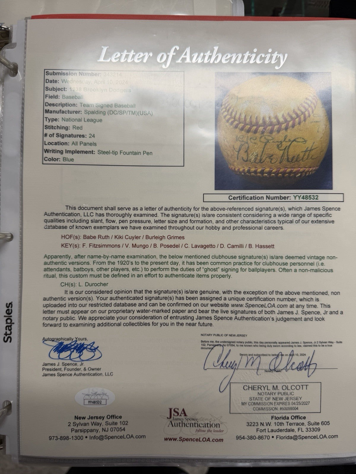 Babe Ruth 1938 Brooklyn Dodgers Team Signed Baseball JSA LOA