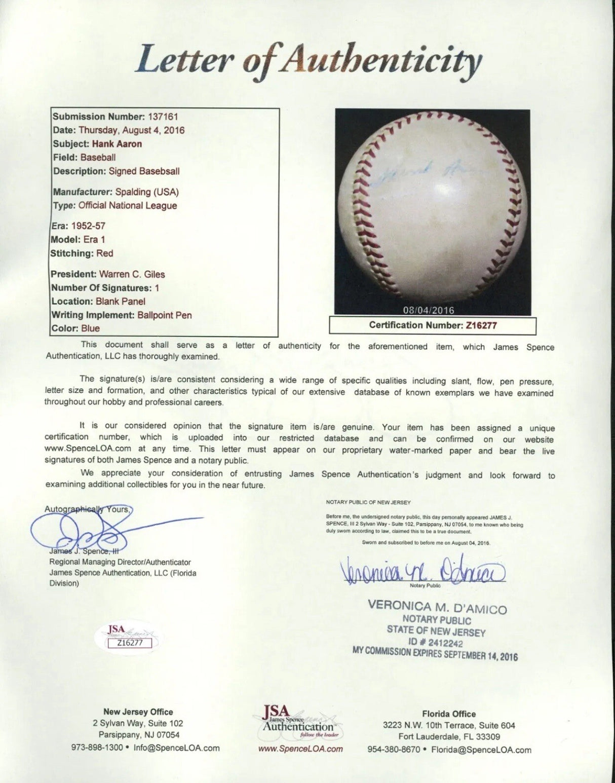 Hank Aaron Early Career Single Signed Baseball JSA LOA