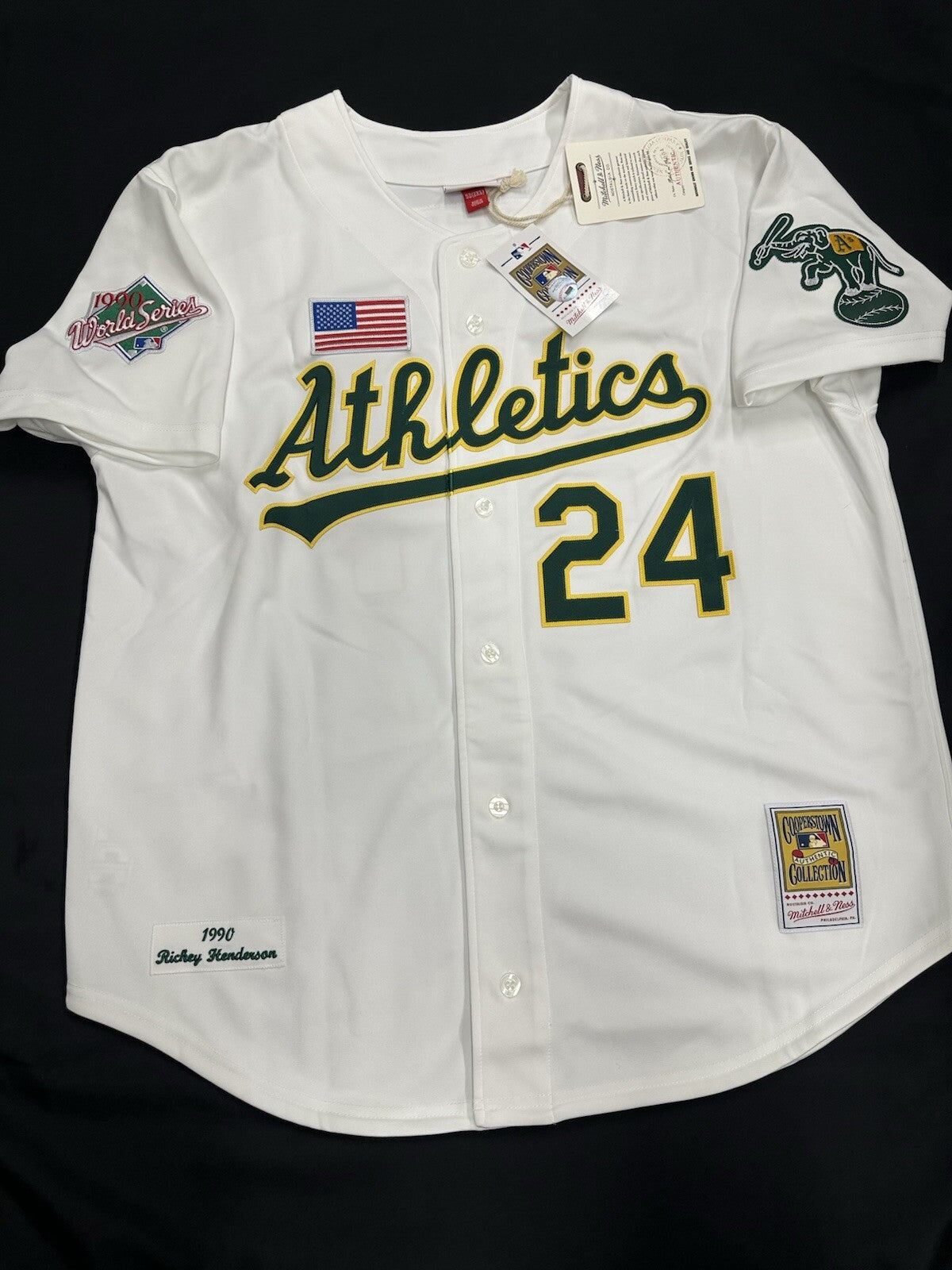 Rickey Henderson HOF MVP Signed Athletics Stat Mitchell Ness Jersey Tristar PSA