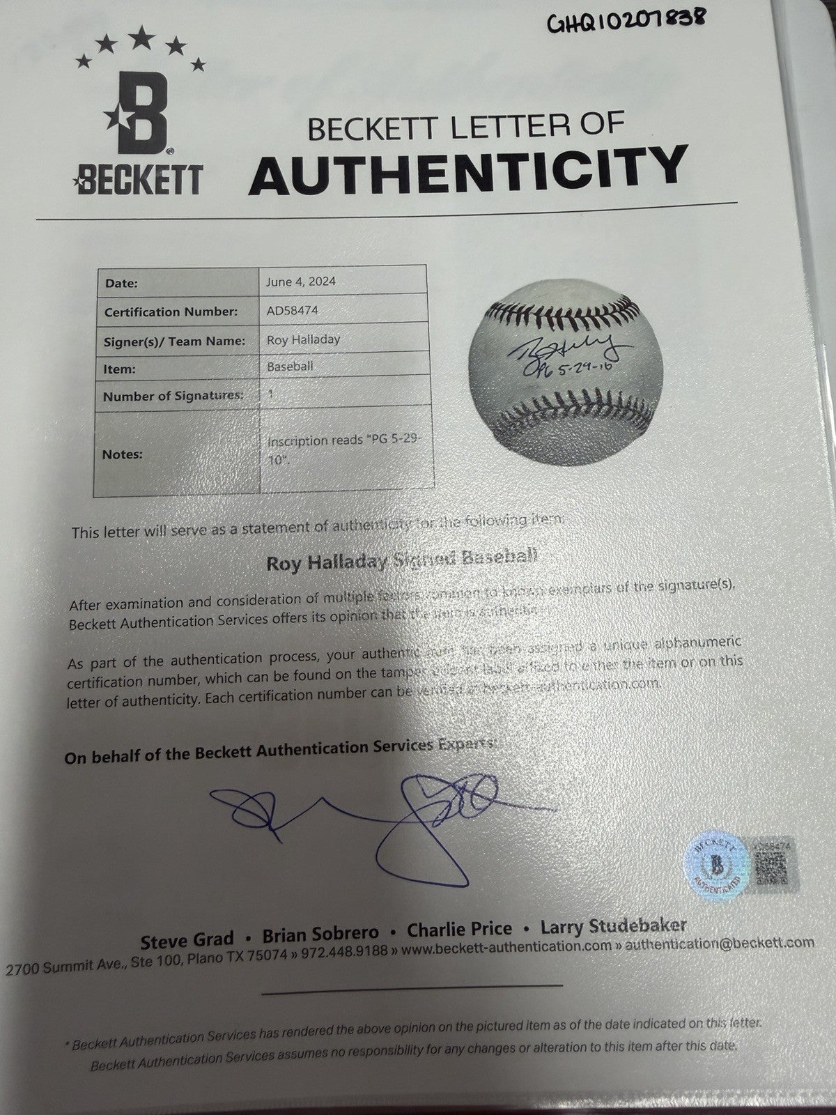 Roy Halladay PG 5-29-10 Signed Baseball Beckett BAS LOA