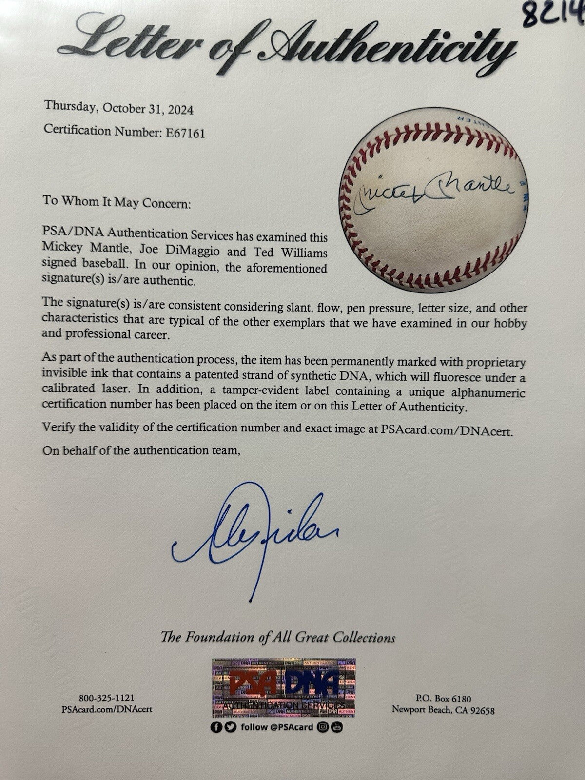 Ted Williams Mickey Mantle Joe DiMaggio Signed Baseball PSA Beckett LOA