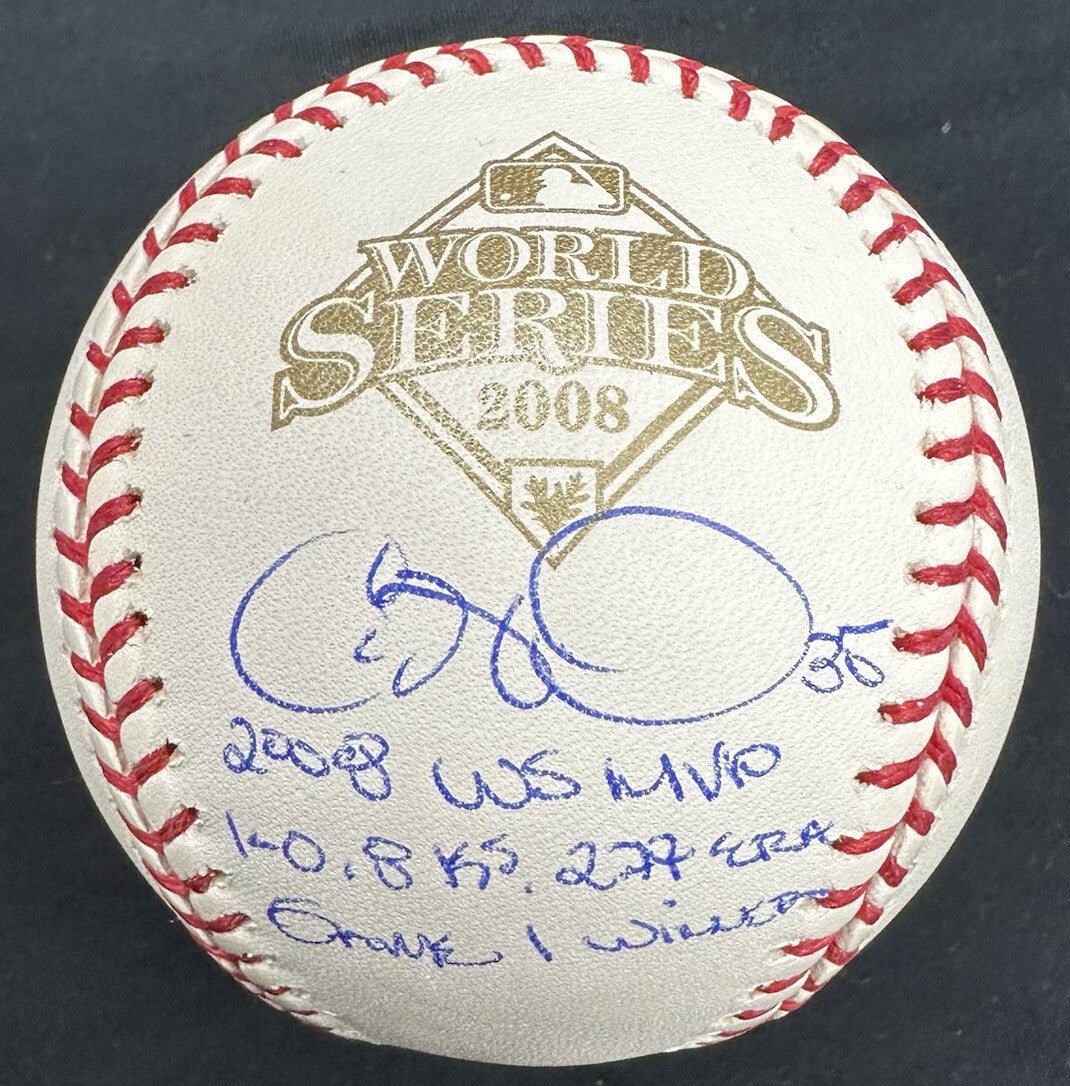 Cole Hamels 2008 World Series MVP Signed Signed 08 WS Logo Baseball Beckett Wit