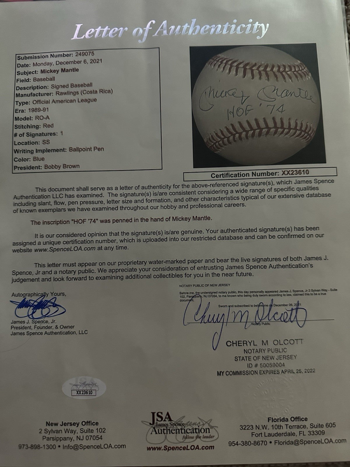 Mickey Mantle HOF 74 Signed Baseball JSA LOA