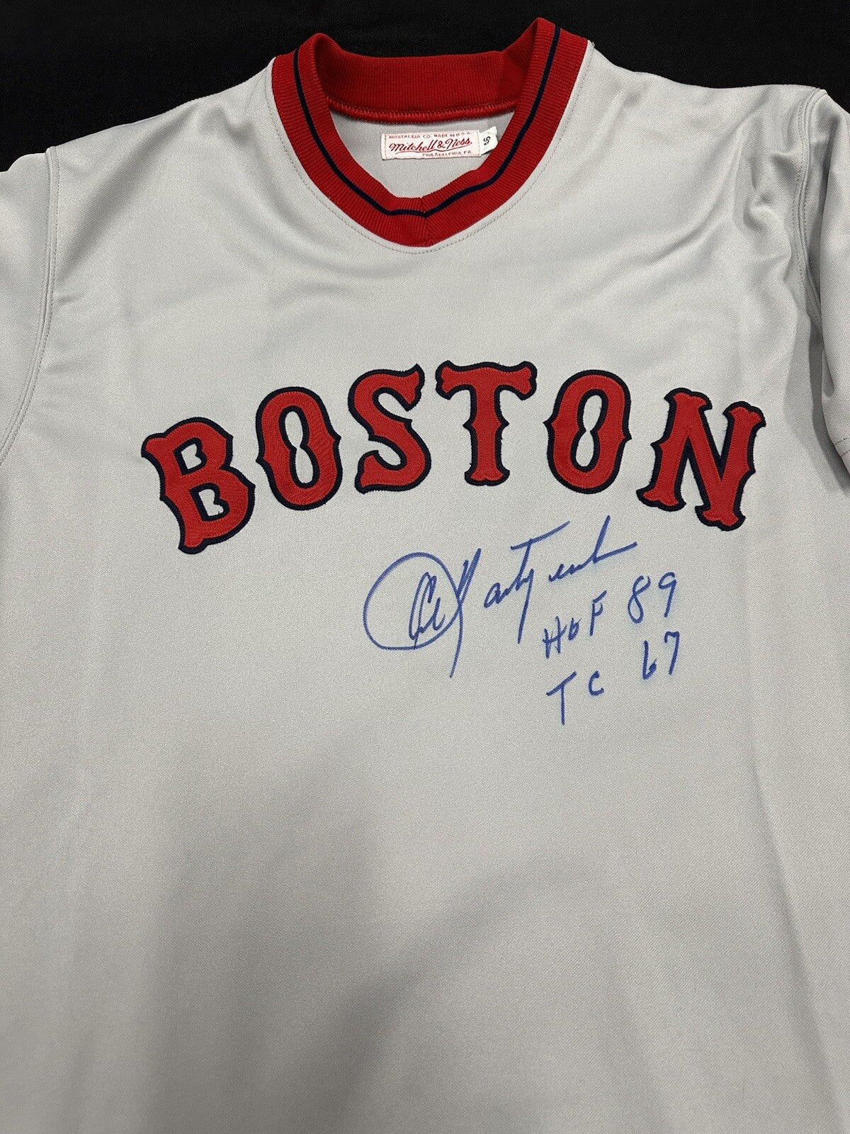 Carl Yastrzemski HOF 89 TC 67 Signed Authentic Mitchell Ness Red Sox Jersey JSA