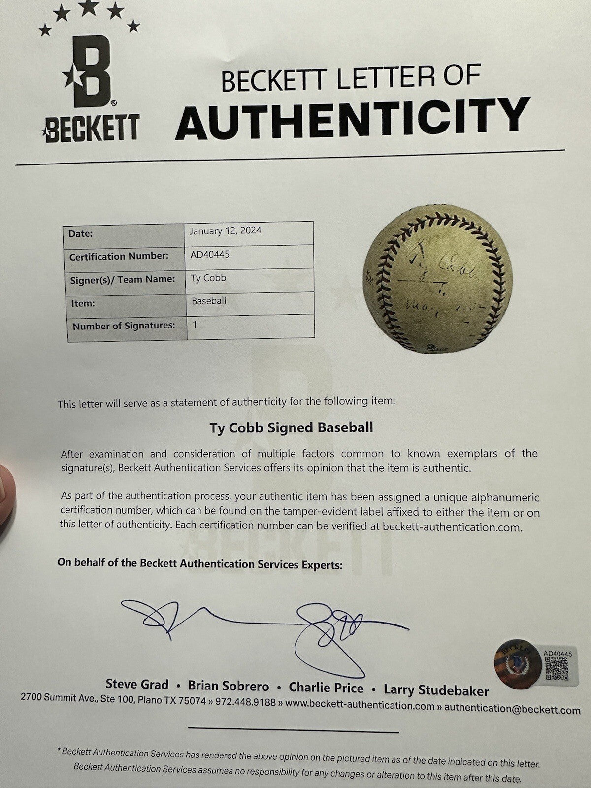Ty Cobb Single Signed Baseball PSA/DNA Beckett LOA