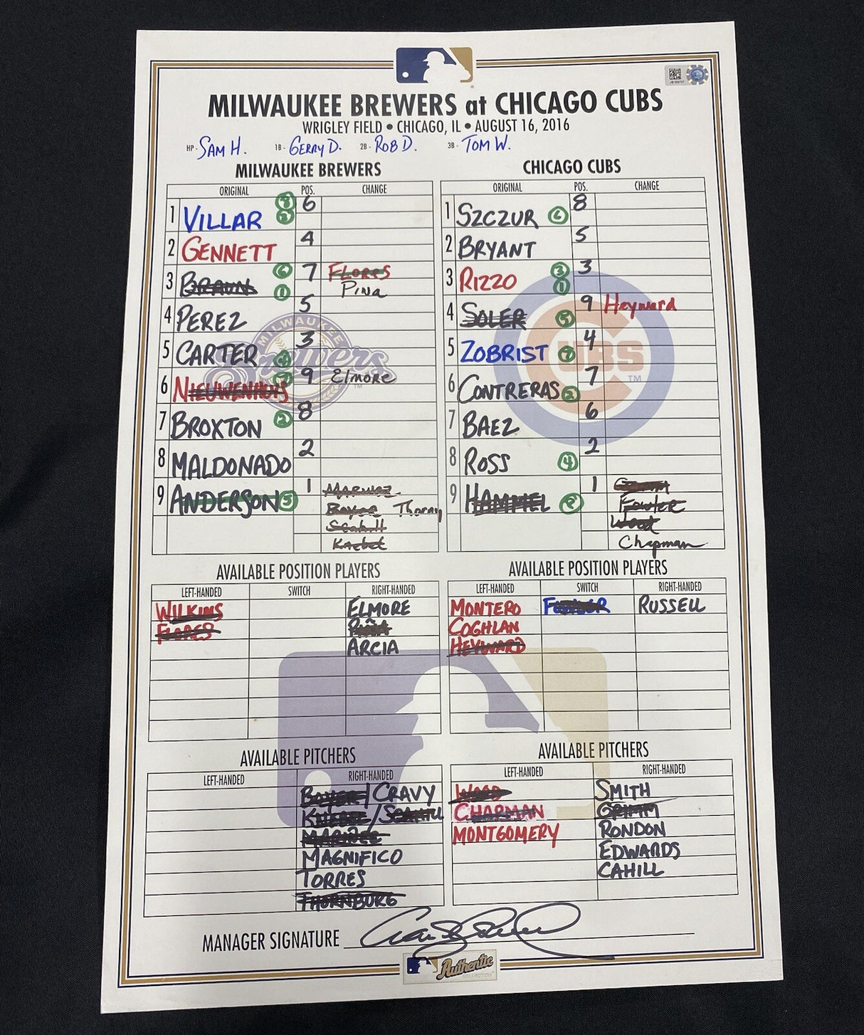 Brewers @ Cubs 8/16/16 Game Used Lineup Card World Series Year MLB Holo