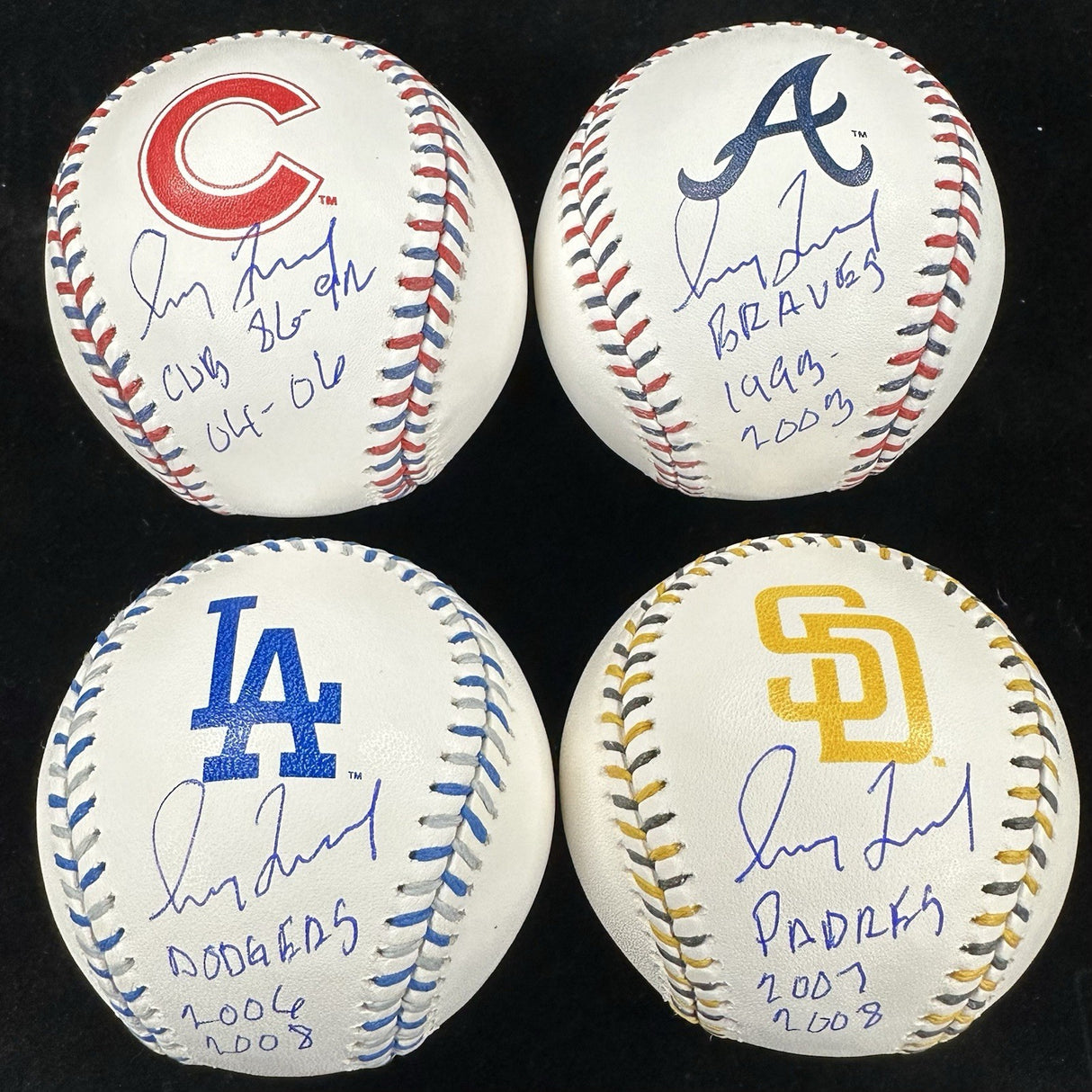 Greg Maddux Cubs Padres Braves Dodgers Signed Team Stitch Logo Baseball Set BAS