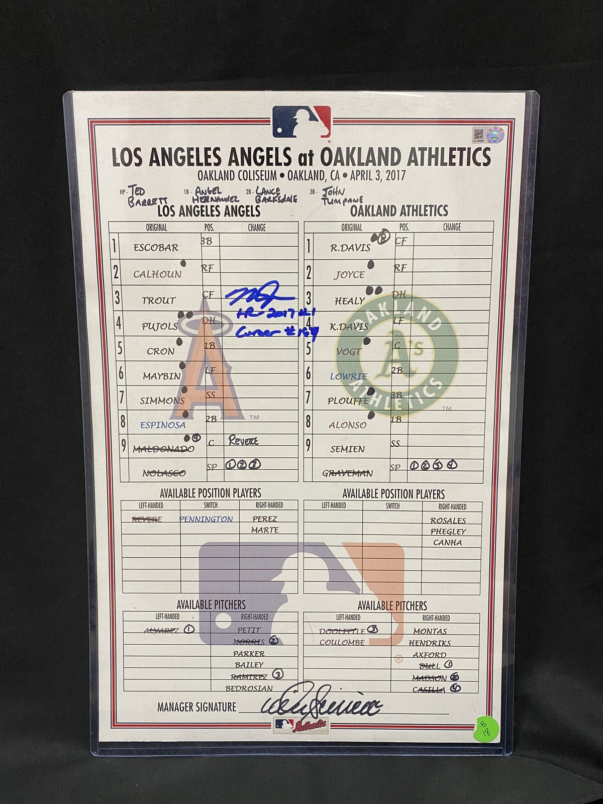 Mike Trout Game Used Signed 4/3/17 Lineup Card Angels @ A’s MLB Holo