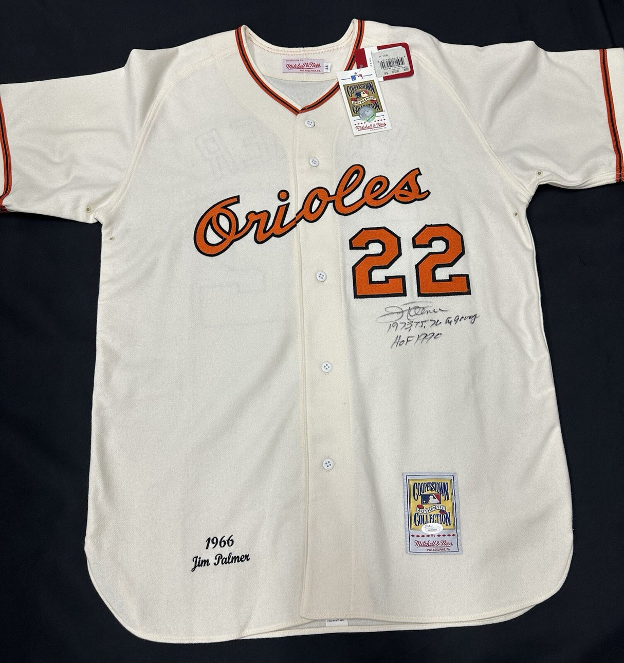 Jim Palmer HOF 90 CY 1973, 75, 76 Signed Orioles Mitchell Ness Jersey JSA