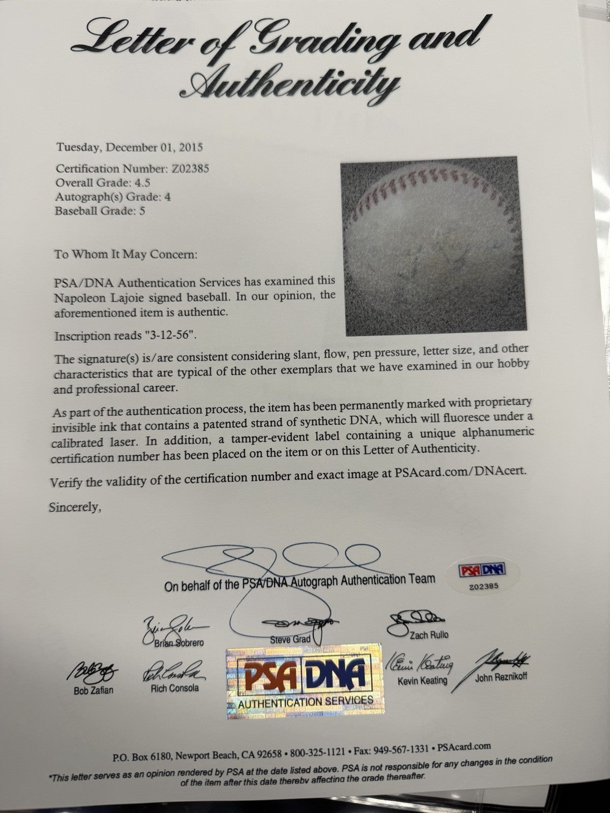 Larry Lajoie Single Signed OAL Harridge Baseball PSA/DNA LOA Graded 4.5