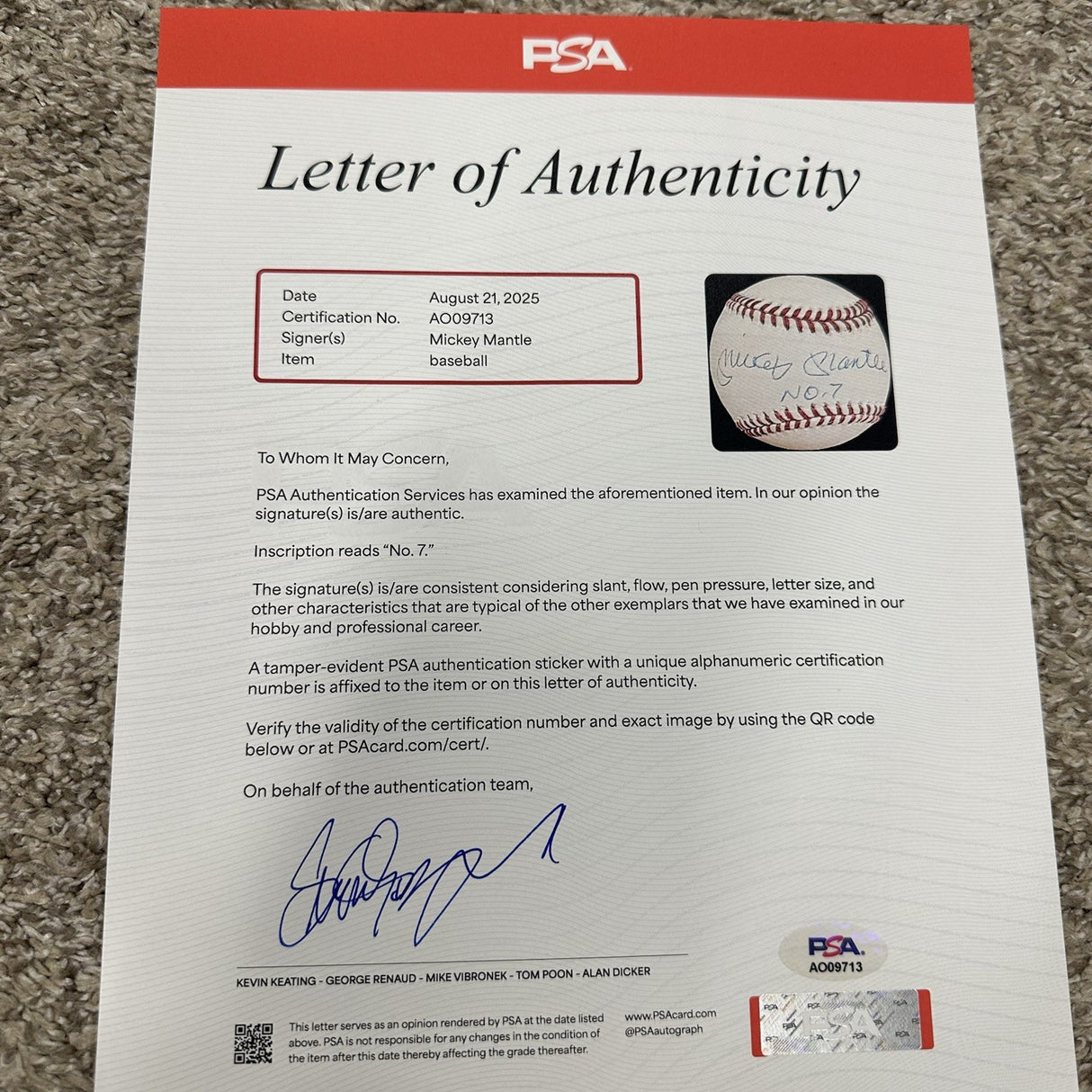 Mickey Mantle No. 7 Signed Baseball PSA/DNA LOA