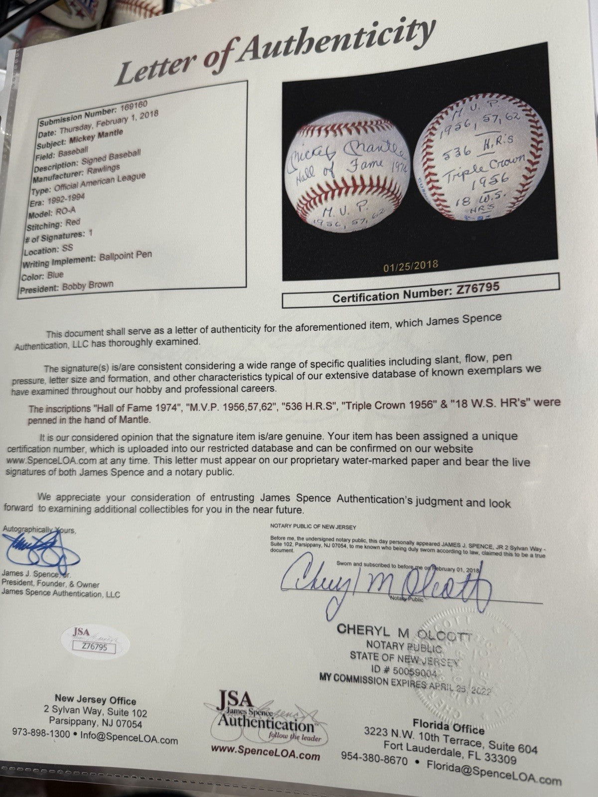 Mickey Mantle Hall Of Fame 1974 536 HRs MVP TC 1956 Signed Stat Baseball JSA LOA