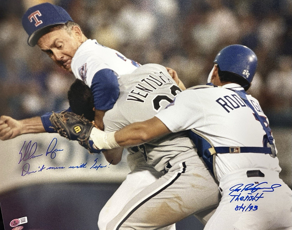 Nolan Ryan Ivan Rodriguez Dual-Signed Ventura Fight 16x20 Photo BAS Ryan Holo