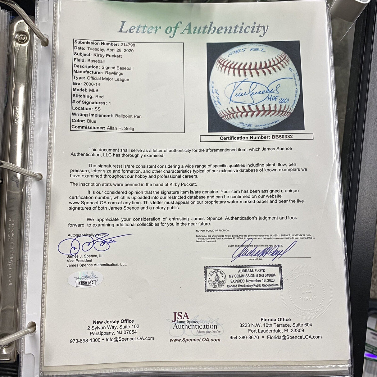 Kirby Puckett HOF 2001 Signed Stat Baseball JSA LOA