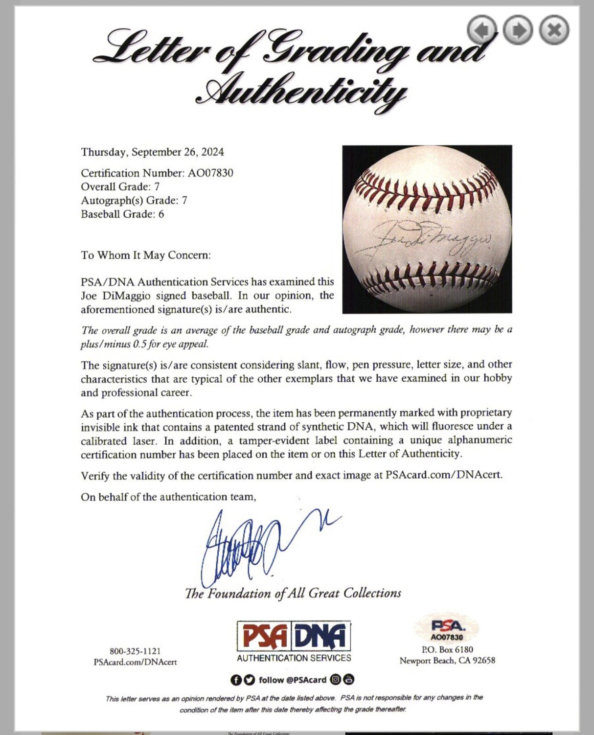 Circa 1941 Joe DiMaggio Single Signed OAL Harridge Baseball PSA/DNA LOA Graded 7