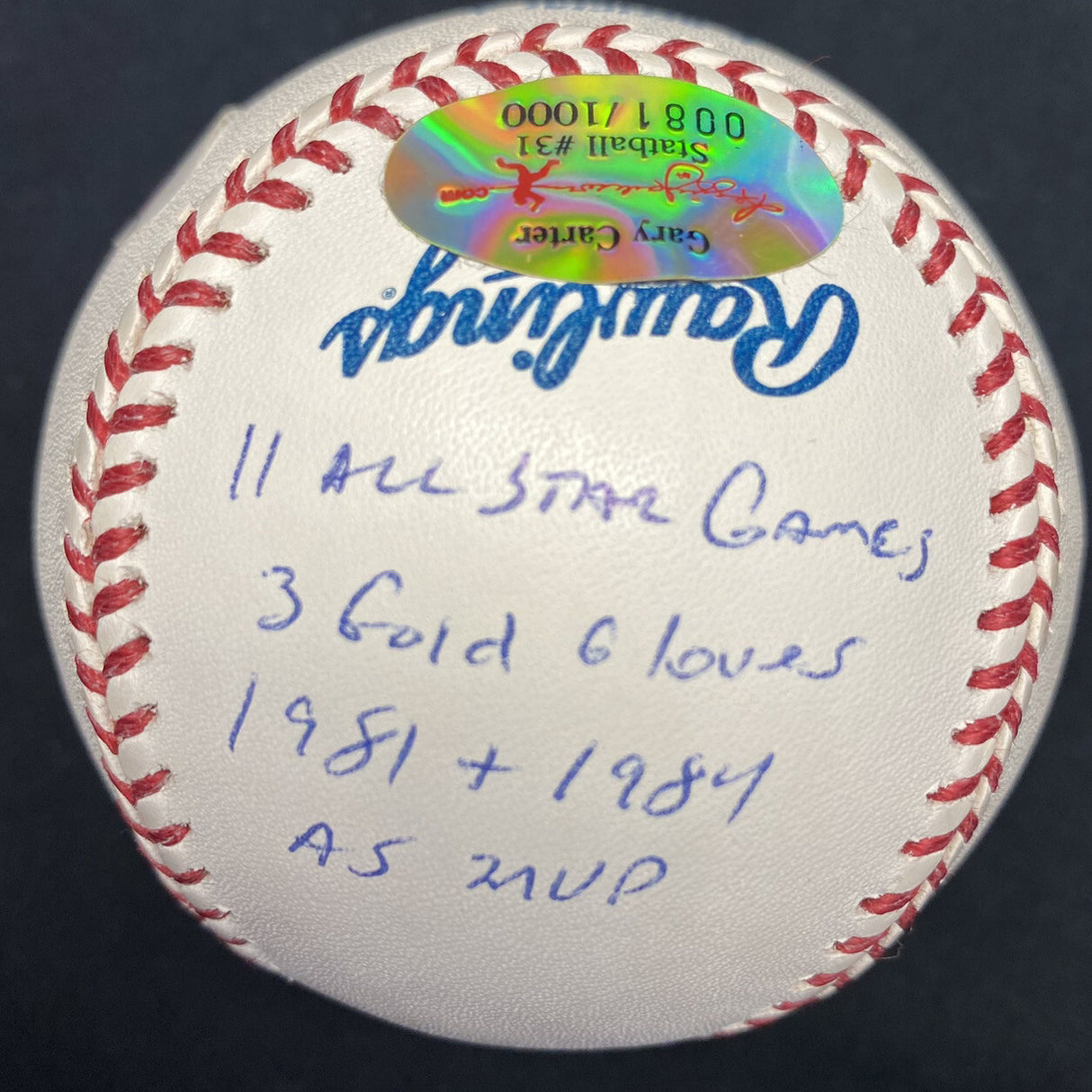 Gary Carter HOF 2003 Signed Stat Baseball PSA/DNA Holo RJ Holo