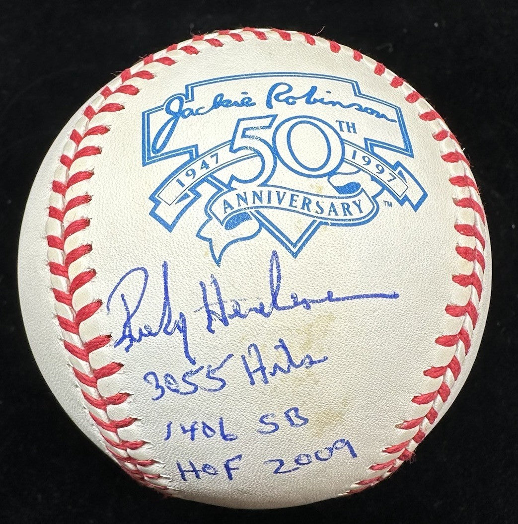 Rickey Henderson HOF 2009 Hits SB Signed Jackie Robinson Logo Baseball JSA