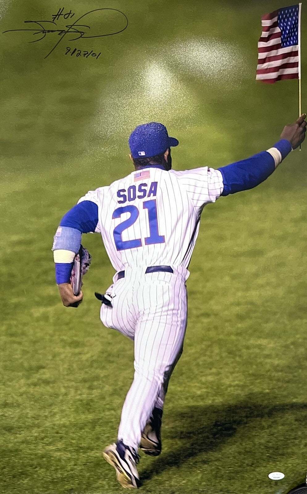 Sammy Sosa Signed American Flag Game 9/27/01 20x30 Photo JSA Witness Cubs