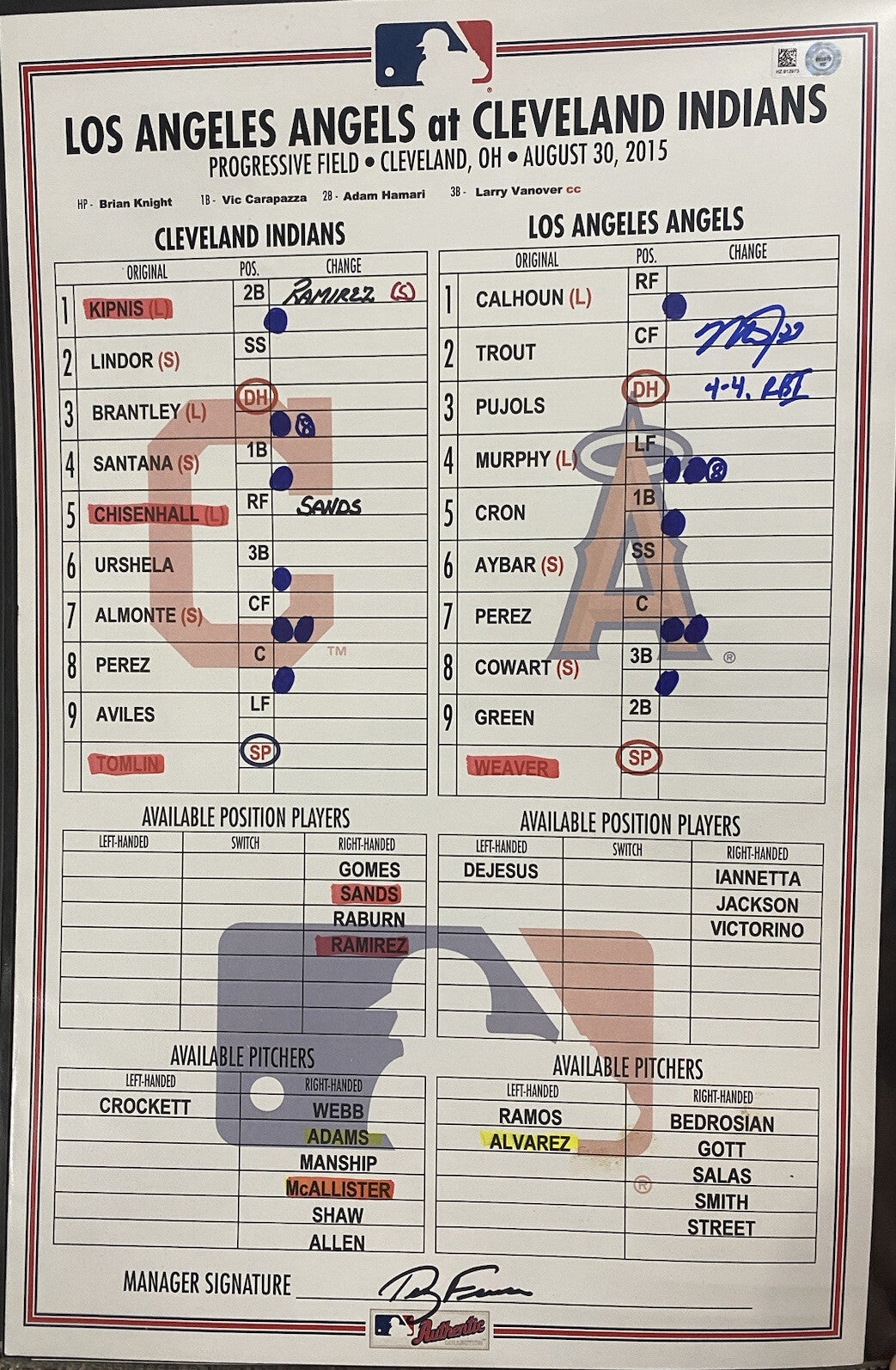 Mike Trout Game Used Signed 8/30/15 Angels @ Indians Lineup Card MLB Holo
