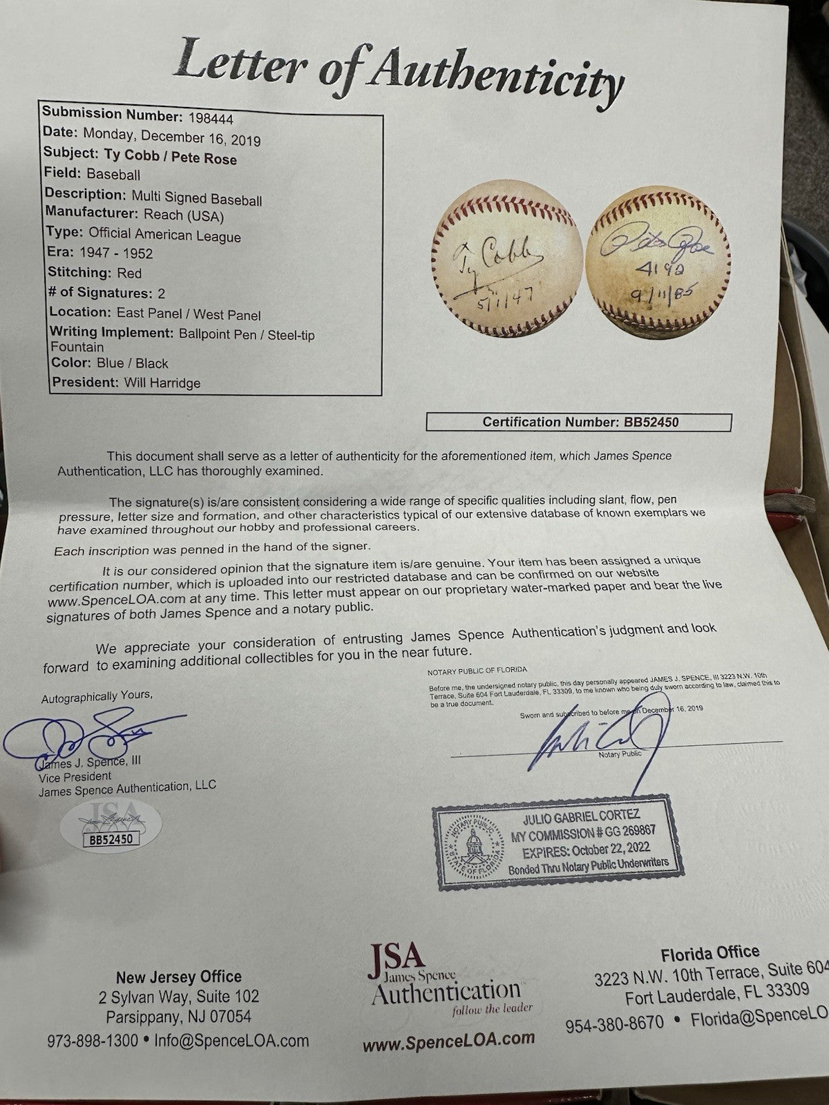 Ty Cobb Pete Rose Dual-Signed OAL Harridge Baseball JSA LOA