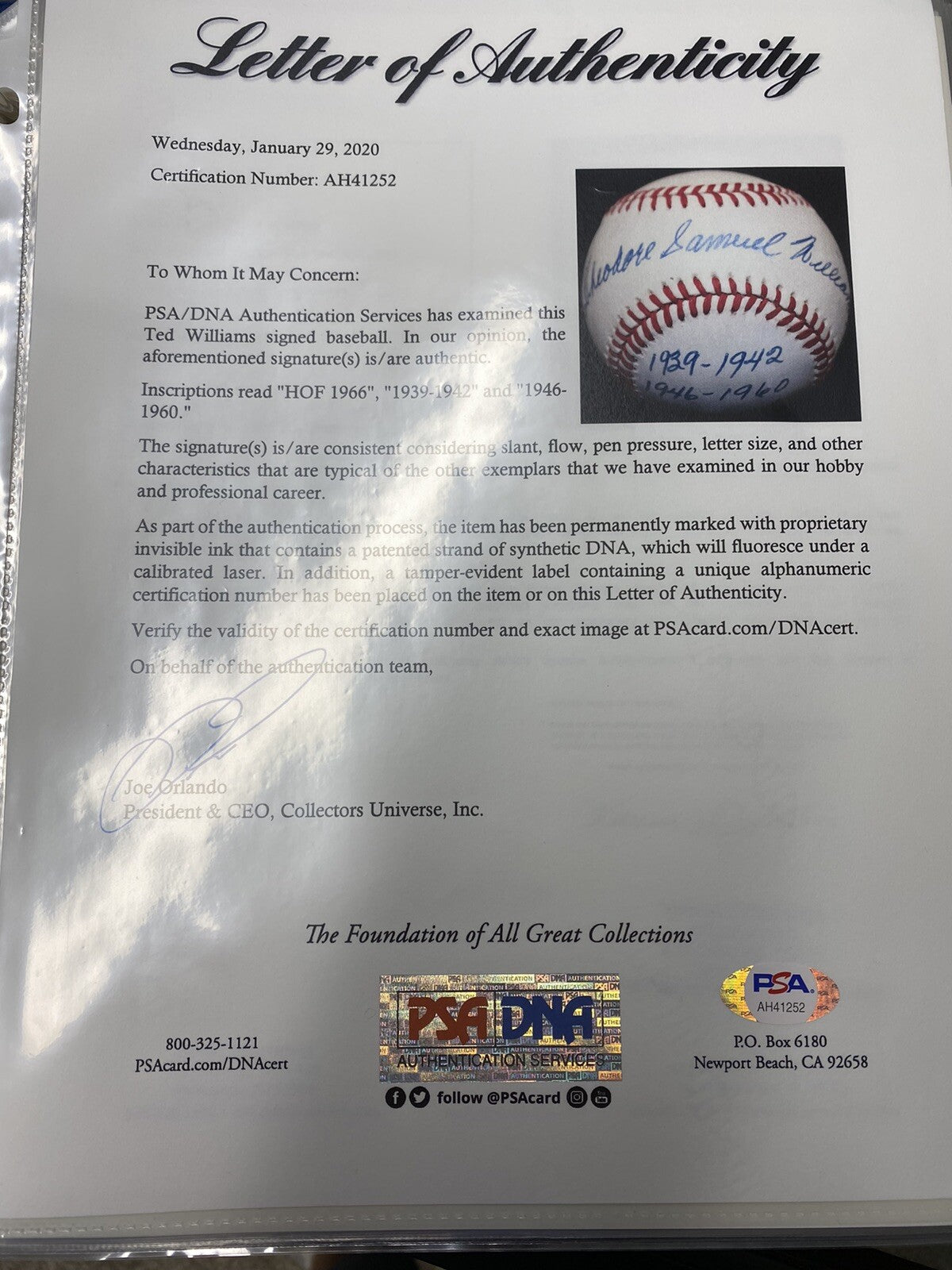 Theodore Samuel Williams Full Name HOF 1966 Signed Stat Baseball PSA LOA