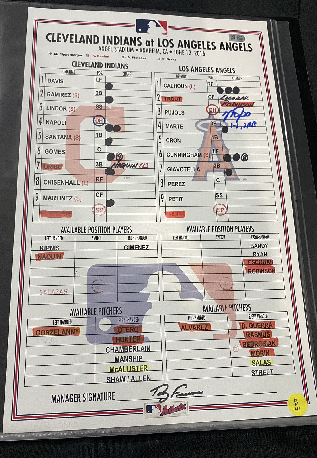 Mike Trout Game Used Signed 6/12/16 Indians @ Angels Lineup Card MLB Holo