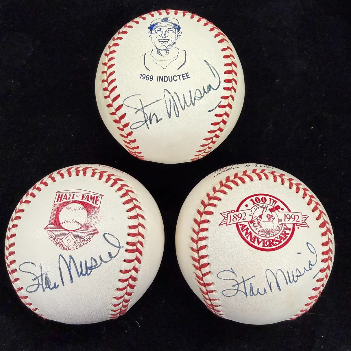 Stan Musial HOF Logos Cardinals Anniversary Logo Signed 3 Baseball Set JSA