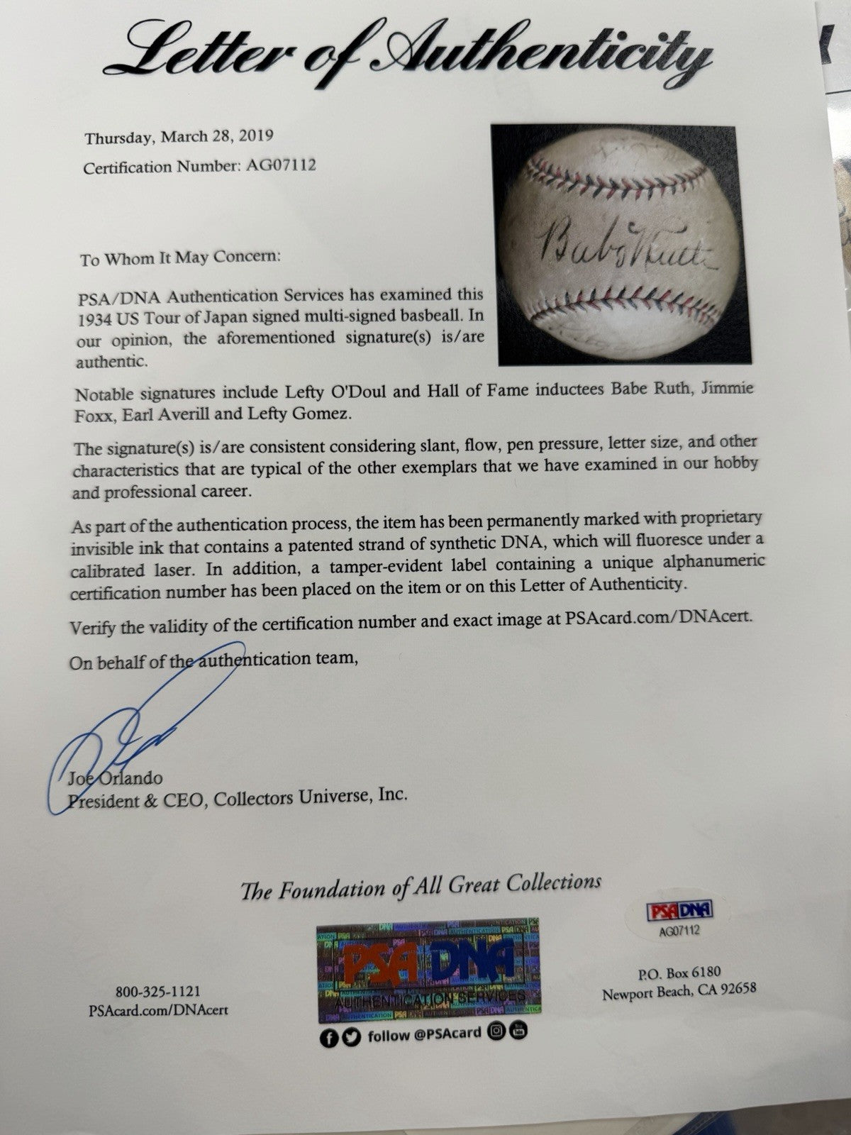 Babe Ruth Jimmie Foxx 1934 Tour Of Japan Signed Baseball PSA/DNA LOA