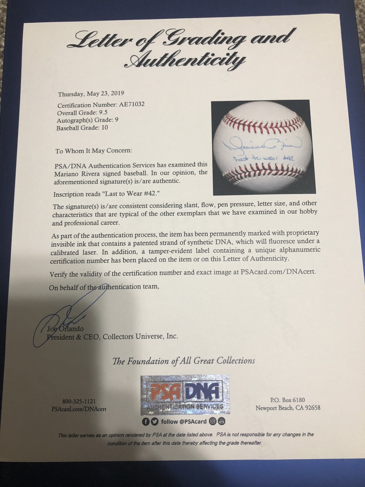 Mariano Rivera Last To Wear #42 Signed Baseball PSA/DNA LOA Graded 9.5 HOF