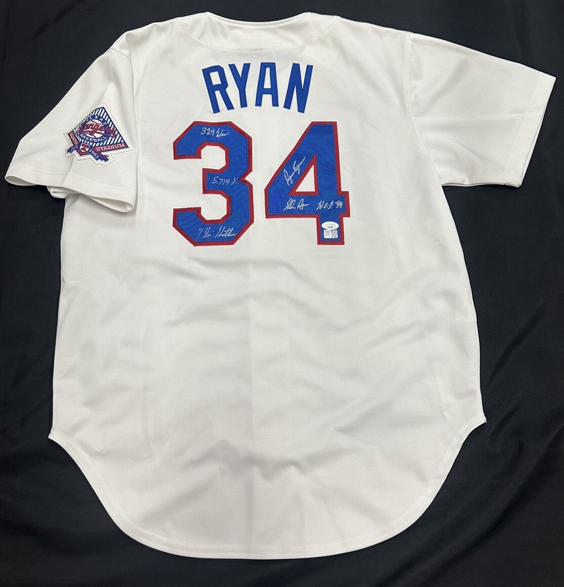 Nolan Ryan Signed Authentic Rangers Mitchell Ness Stat Jersey JSA LOA
