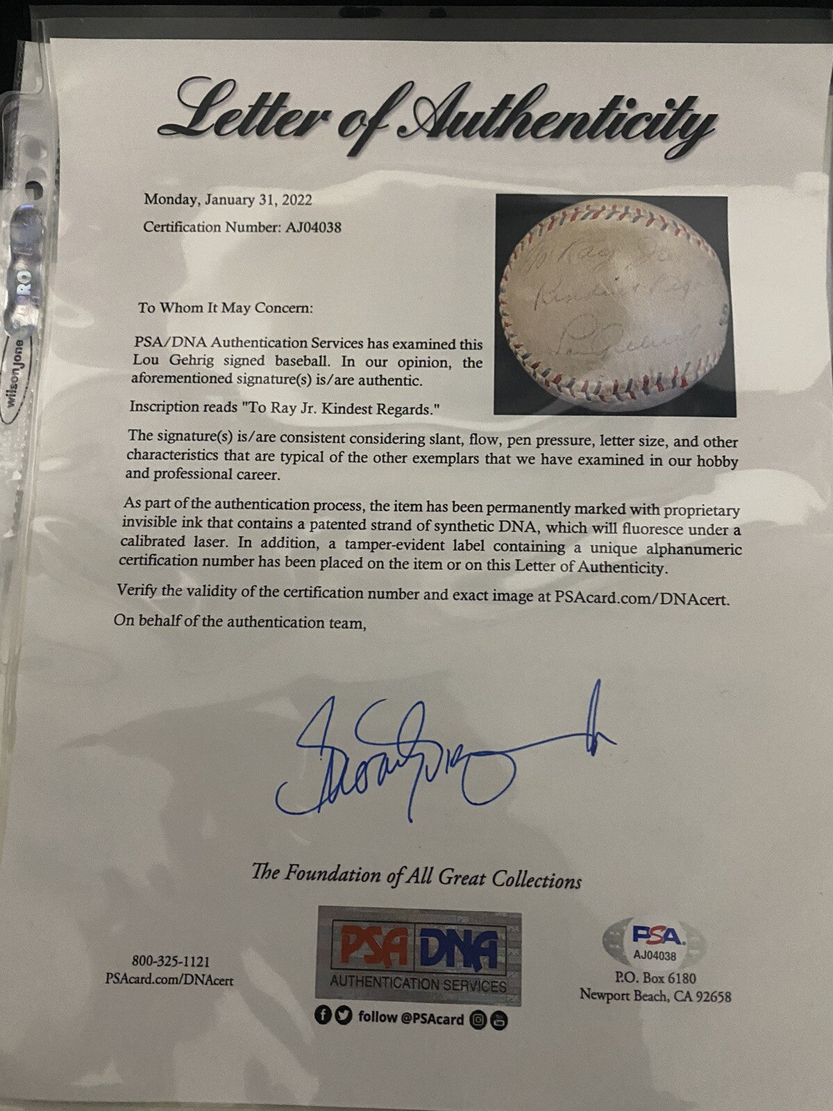 Lou Gehrig Single Signed Boys League Baseball PSA/DNA LOA