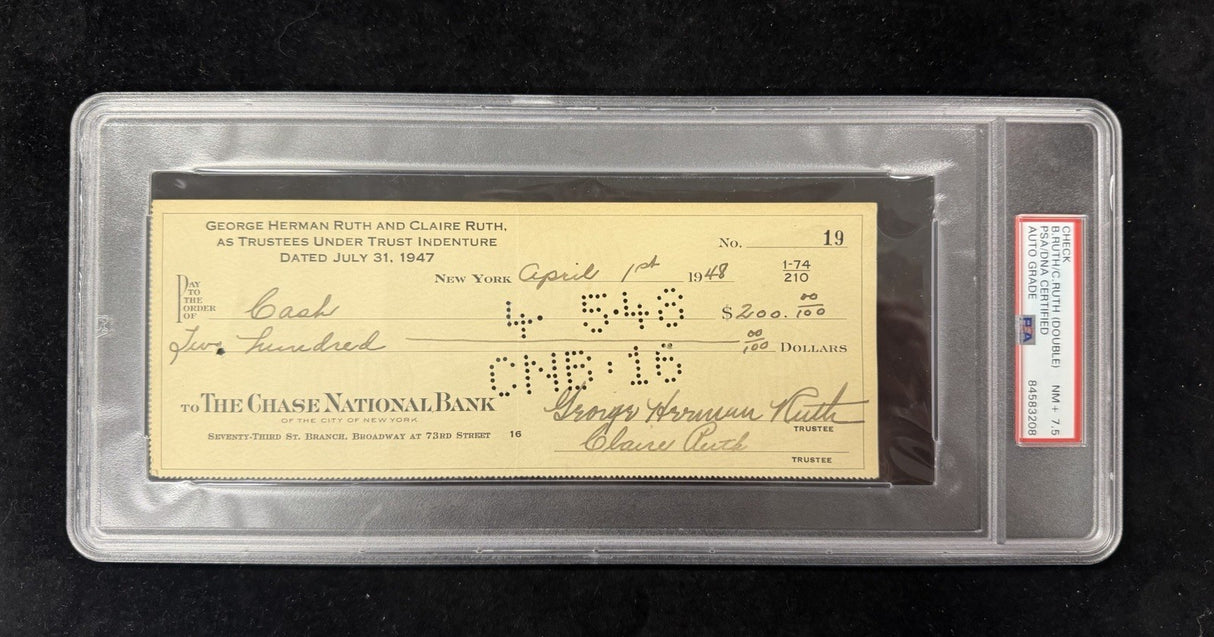 George Herman Babe Ruth Full Name Signed Bank Check PSA/DNA Graded 7.5