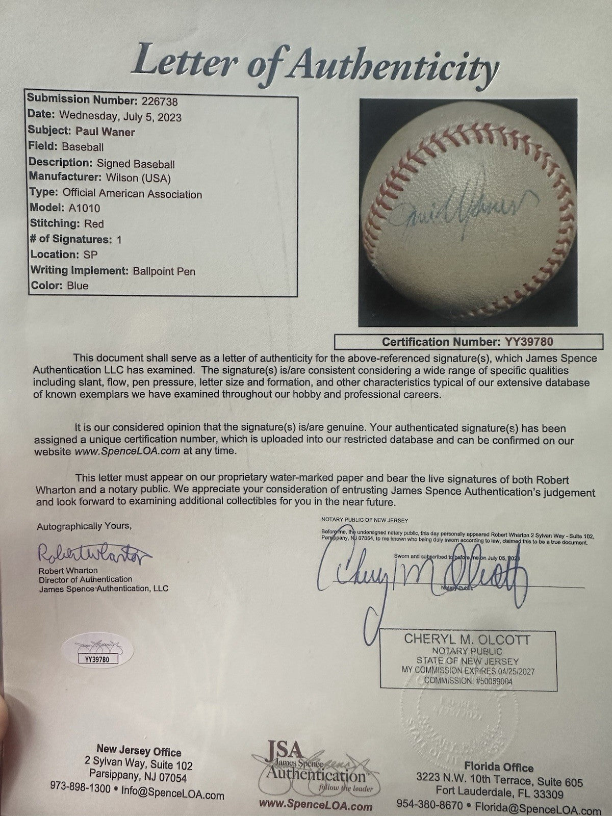 Paul Waner Single-Signed Baseball JSA LOA