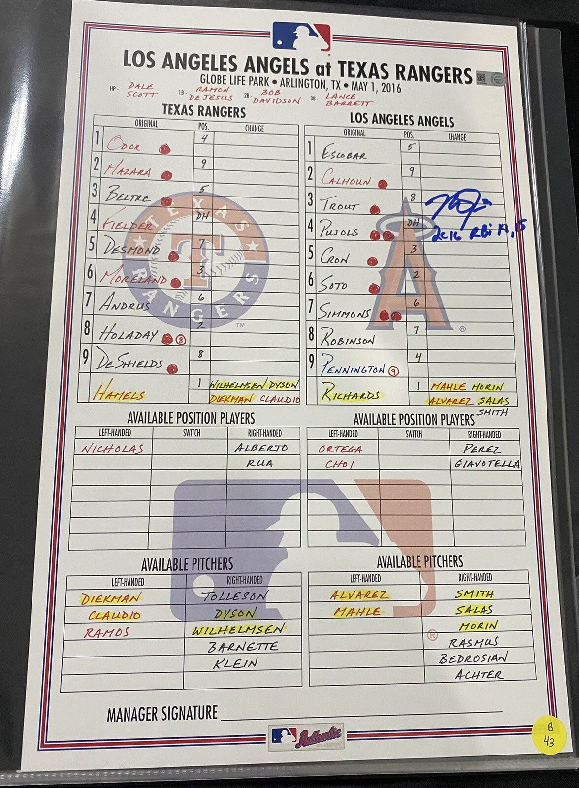 Mike Trout Game Used Signed 5/1/16 Angels @ Rangers Lineup Card MLB Holo