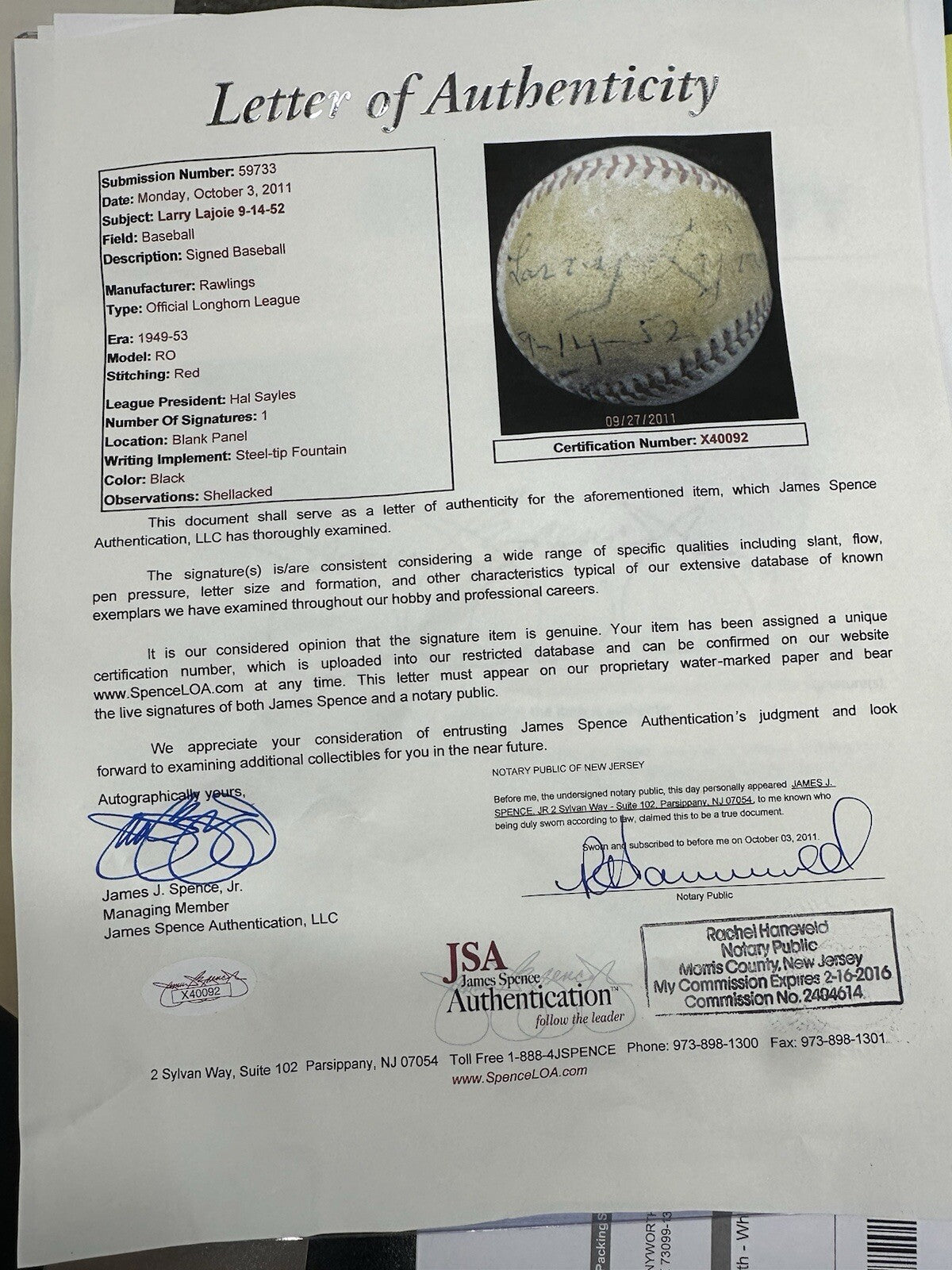 Larry “Nap” Lajoie Single Signed Baseball JSA LOA