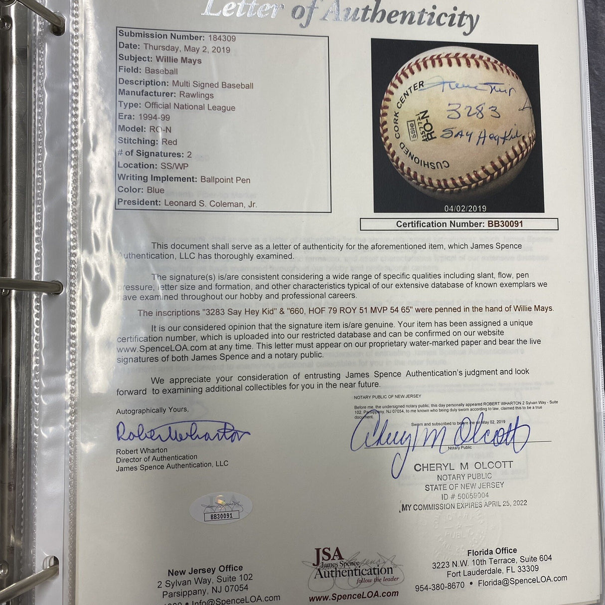 Willie Mays Twice Signed HOF MVP ROY Stat Baseball JSA LOA