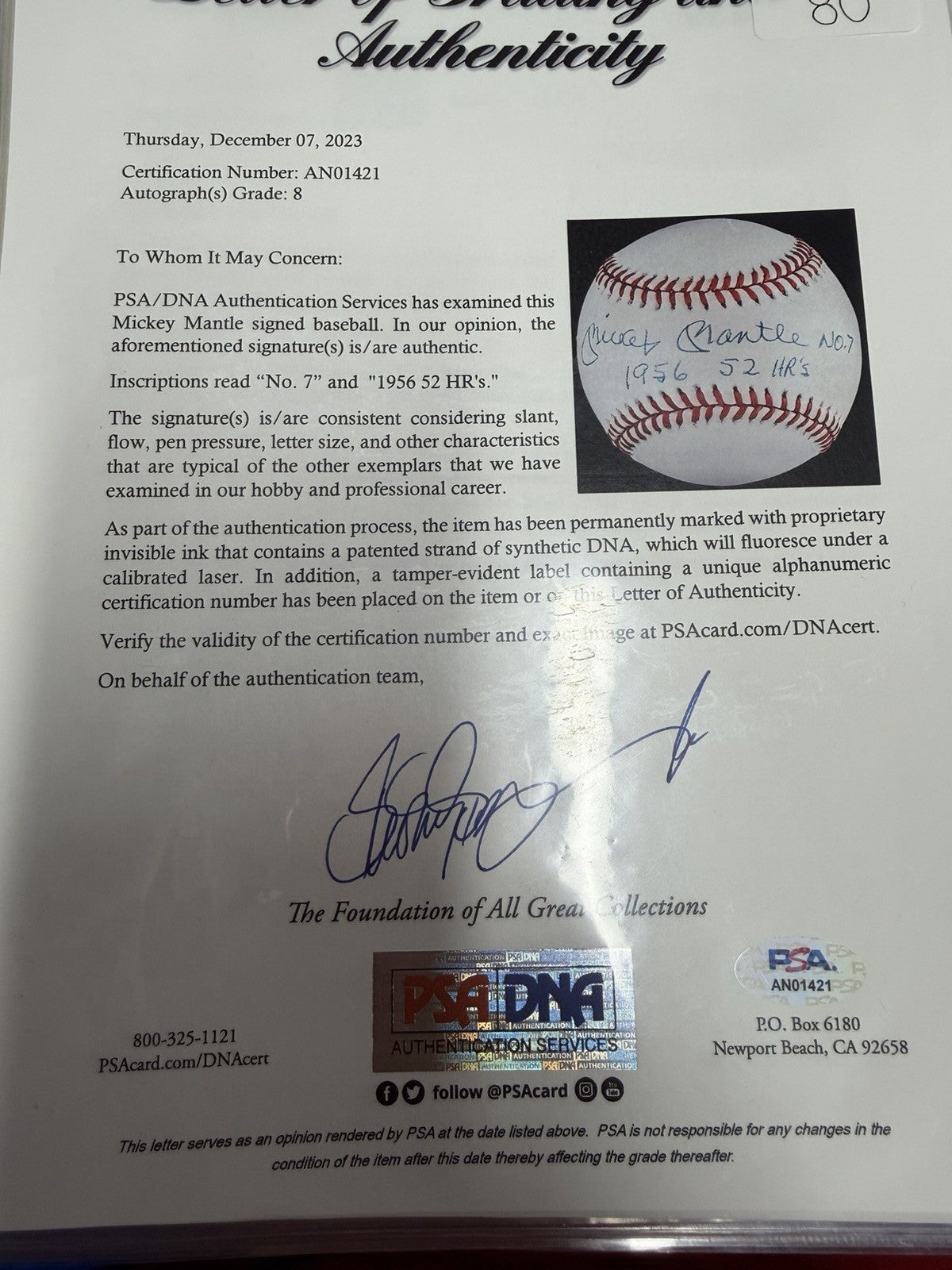 Mickey Mantle 1956 52 HRs No. 7 Signed Baseball PSA/DNA LOA