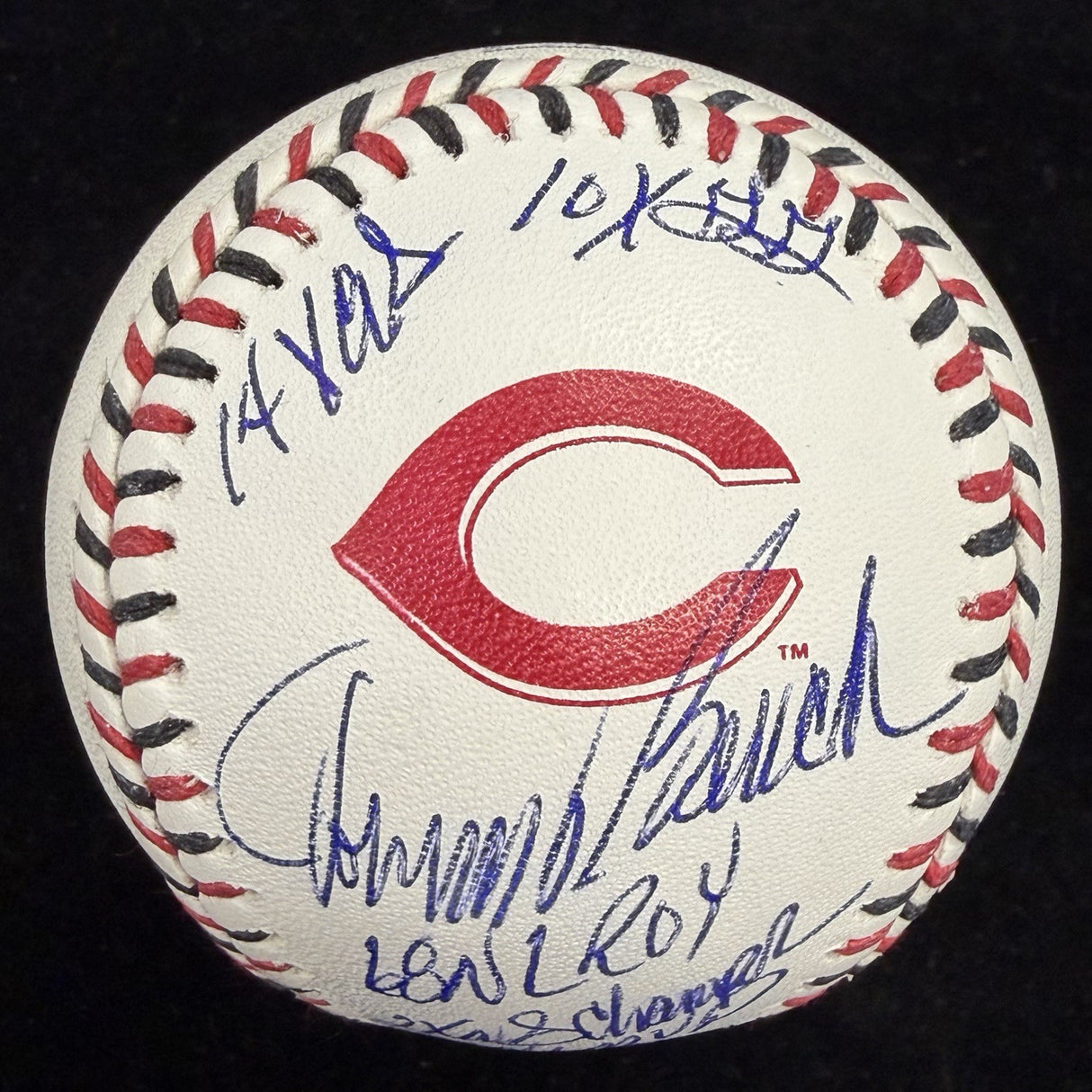 Johnny Bench 6 Inscirption Signed Reds Team Stitch Logo Stat Baseball MLB Holo