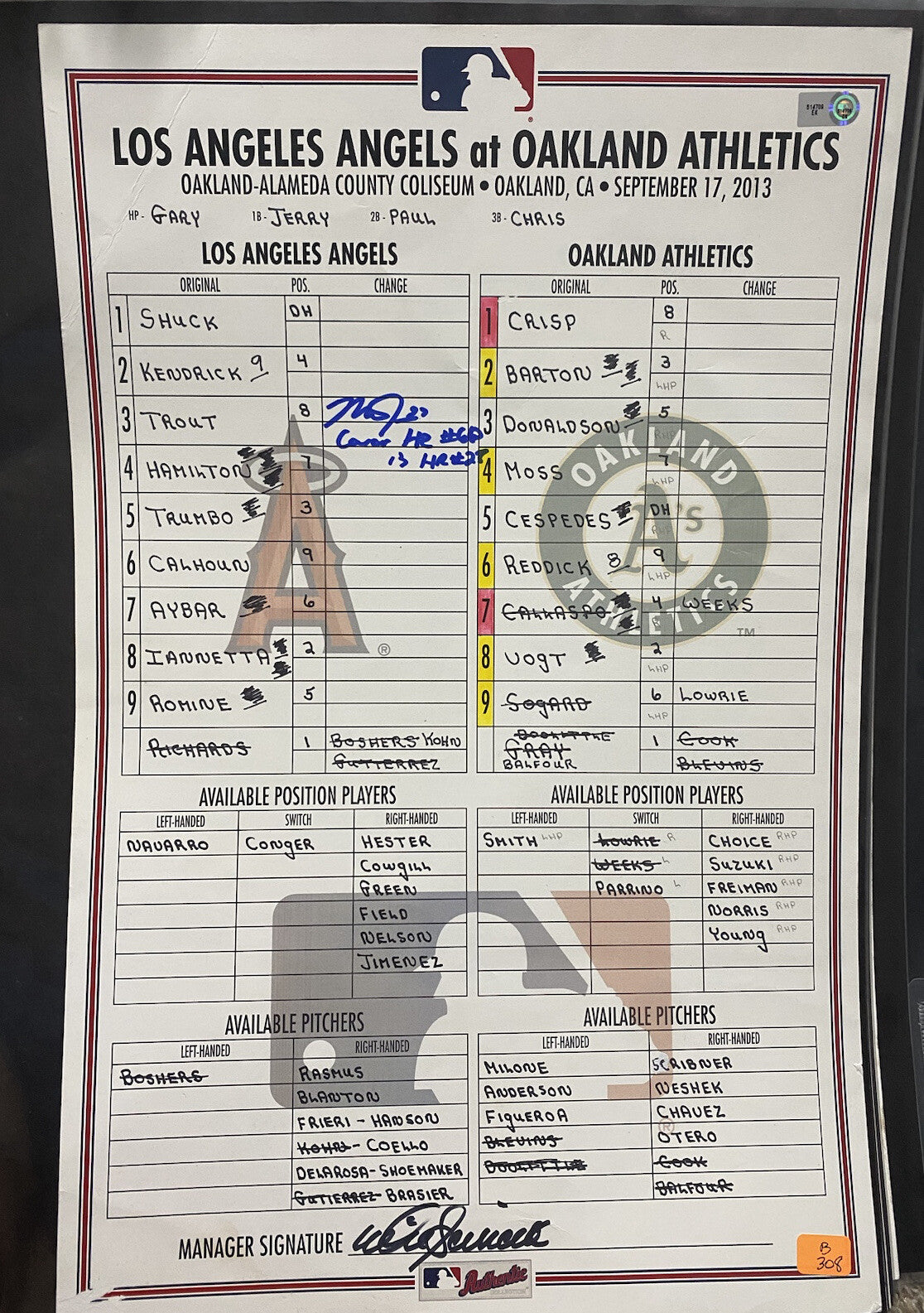Mike Trout Game Used Signed 9/17/13 Angels @ A’s Lineup Card MLB Holo