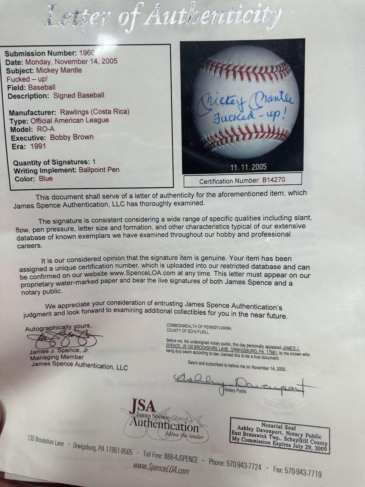 Mickey Mantle F****d Up! Signed Baseball JSA LOA